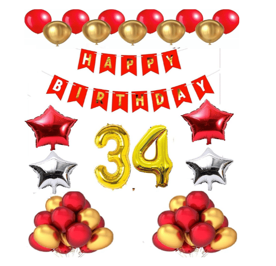     			Blooms Mall 1 set Happy Birthday Banner (Red Color), 2 pcs red foil star + 2 pcs silver star foil, 50 Pcs Metallic Balloons (Red & Golden),special 37   No. Foil Number Golden