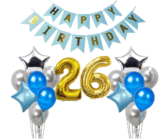     			Blooms Mall 1 set Happy Birthday Banner (Blue color), 2 pcs Blue  foil star + 2 pcs silver star foil, 50 Pcs Metallic Balloons (Blue & Silver ),27 No. Foil Number Golden