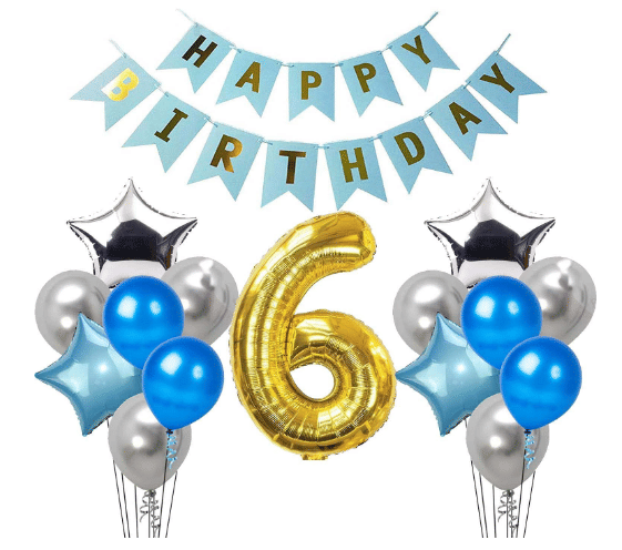     			Blooms Mall 1 set Happy Birthday Banner (Blue color), 2 pcs Blue  foil star + 2 pcs silver star foil, 50 Pcs Metallic Balloons (Blue & Silver ),8 No. Foil Number Golden