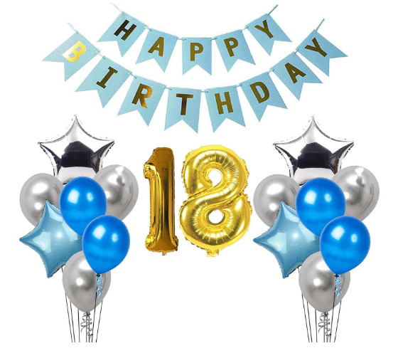 Blooms Mall 1 set Happy Birthday Banner (Blue color), 2 pcs Blue foil star + 2 pcs silver star foil, 50 Pcs Metallic Balloons (Blue & Silver ), 18 No. Foil Number Golden Blooms Mall 1 set Happy Birthday Banner (Blue color), 2 pcs Blue foil star + 2 pcs silver star foil, 50 Pcs Metallic Balloons (Blue & Silver ), 18 No. Foil Number Golden