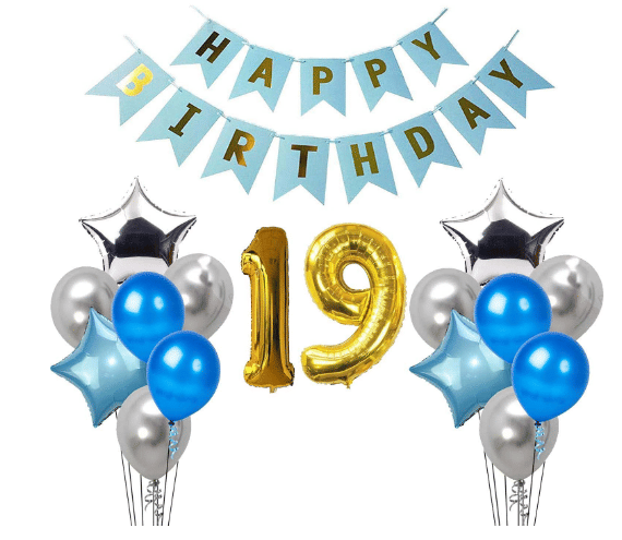     			Blooms Mall 1 set Happy Birthday Banner (Blue color), 2 pcs Blue  foil star + 2 pcs silver star foil, 50 Pcs Metallic Balloons (Blue & Silver ), 18 No. Foil Number Golden