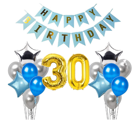     			Blooms Mall 1 set Happy Birthday Banner (Blue color), 2 pcs Blue  foil star + 2 pcs silver star foil, 50 Pcs Metallic Balloons (Blue & Silver ),  30 No. Foil Number Golden
