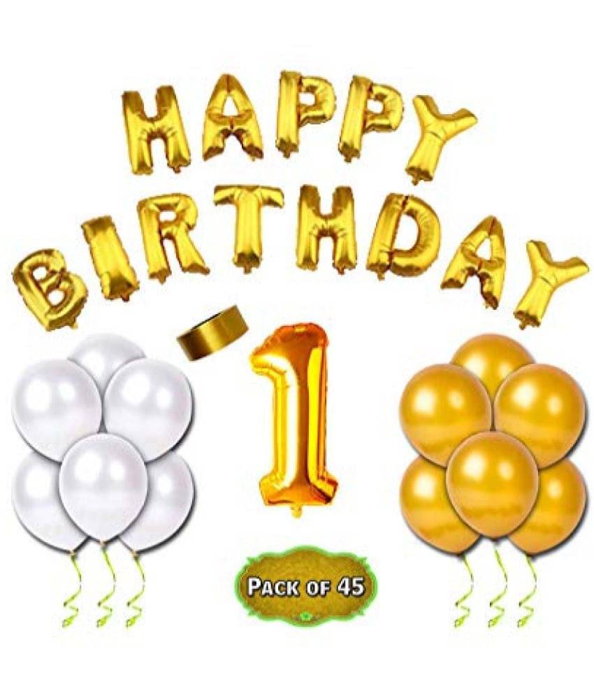 Shopyo 45pcs Theme 1st Birthday Combo  Happy Birthday Foil Balloon+  1 Number Foil Balloon+ Mettallic Balloons  + Ribbon     			Shopyo 45pcs Theme 1st Birthday Combo  Happy Birthday Foil Balloon+  1 Number Foil Balloon+ Mettallic Balloons  + Ribbon