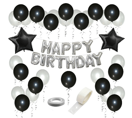     			Blooms Mall  Black and Silver combo - 1 Set Happy Birthday Letter Foil Balloons Silver, 2 Pcs Black Star Foil Balloon, 50 Pcs Latex Balloons (25 Black + 25 White) 1 Pc Glue Dot Tape and 2 Pcs Balloon Curling Ribbon