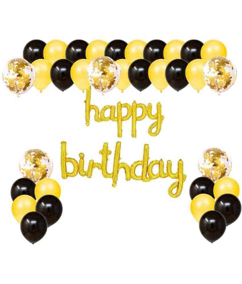     			Blooms Mall  Happy Birthday Cursive Foil(Golden ) , 15 yellow  15 Black & 5 Confetti Balloons Golden  + 1 glue dot +1 arch + 1 ribbon