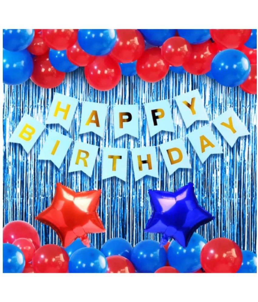     			Blooms Mall Happy Birthday Decorations - 34  pcs set  of 1pc blue happy birthday banner, 1pc blue foil curtain, 1pc red star foil ballons, 1pc blue star foil baloon, 15Pcs red metallic balloons, 15pcs blue metallic baloons