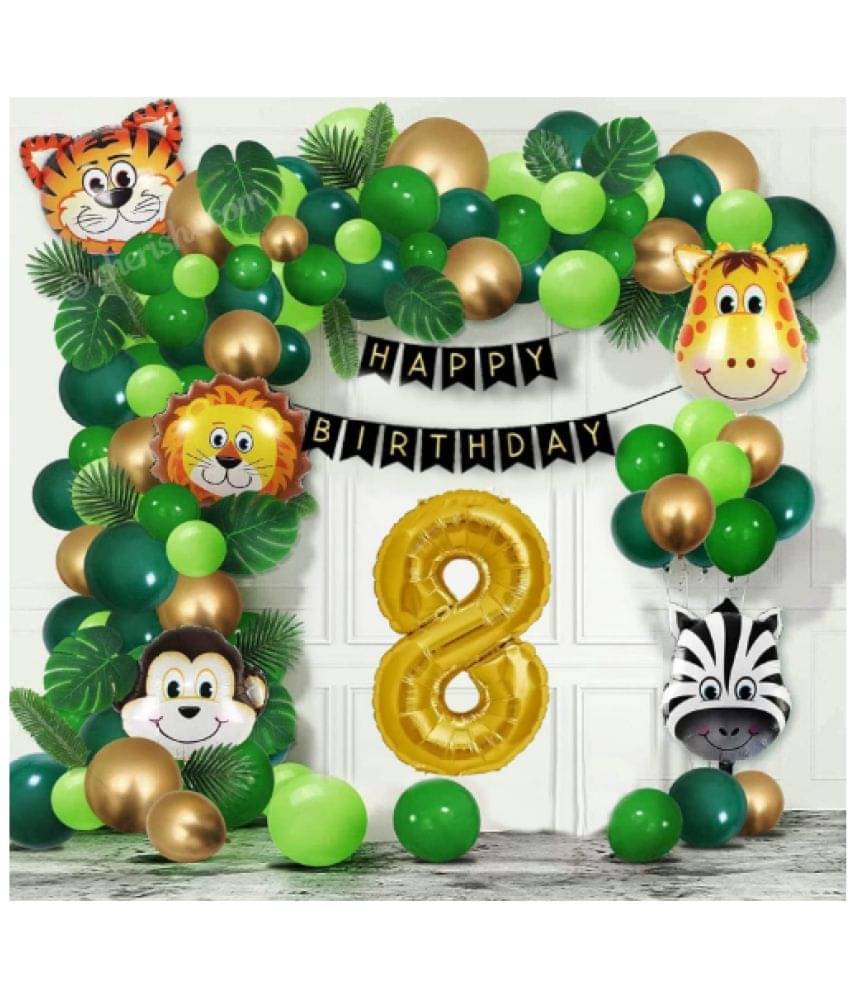     			Blooms Mall Jungle Theme  78 Pcs -  30 Dark Green 30 Light Green 10 Golden balloons and 1 PCS Black  birthday banner and 7 no.  letter golden foil balloon 5 pcs ( lion+ Tiger+ monkey +zebra + giraffe ) animal foil  Balloons.