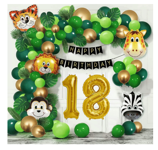     			Blooms Mall Jungle Theme  78 Pcs -  30 Dark Green 30 Light Green 10 Golden balloons and 1 PCS Black  birthday banner and 1& 8 no.  letter golden foil balloon 5 pcs ( lion+ Tiger+ monkey +zebra + giraffe ) animal foil  Balloons.