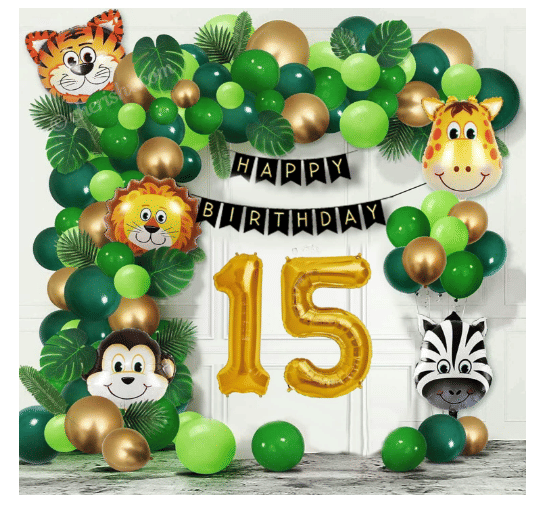 Blooms Mall Jungle Theme  78 Pcs -  30 Dark Green 30 Light Green 10 Golden balloons and 1 PCS Black  birthday banner and 1& 5 no.  letter golden foil balloon 5 pcs ( lion+ Tiger+ monkey +zebra + giraffe ) animal foil  Balloons.     			Blooms Mall Jungle Theme  78 Pcs -  30 Dark Green 30 Light Green 10 Golden balloons and 1 PCS Black  birthday banner and 1& 5 no.  letter golden foil balloon 5 pcs ( lion+ Tiger+ monkey +zebra + giraffe ) animal foil  Balloons.