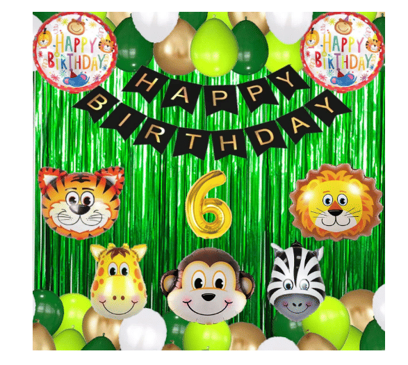     			Blooms Mall Jungle Theme Birthday Decoration Items -Balloons( lion+ Tiger+ monkey +zebra + giraffe )   + 2 Green Foil Fringes Curtains + 1no  Gold Foil Balloons + 2 happy birthday foil balloon