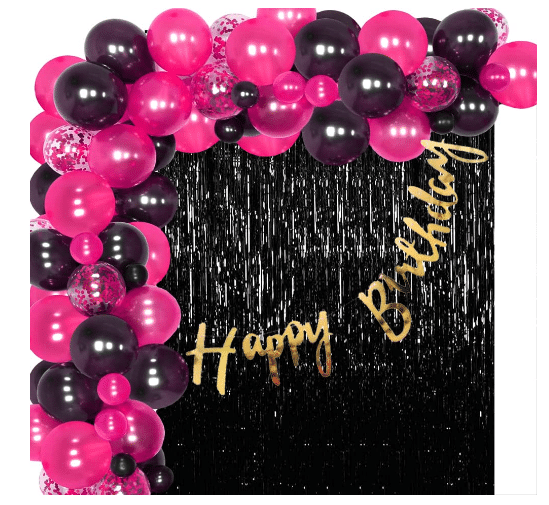     			Blooms Mall Set of 79 - 1 Pc Birthday bunting Banner (Golden), 1 Pc Foil Curtain (Black) , 5pcs confitti  Balloon, 35 Pcs Each Pink & Black Balloons, 1 Pc Glue Dots & 1 Arch