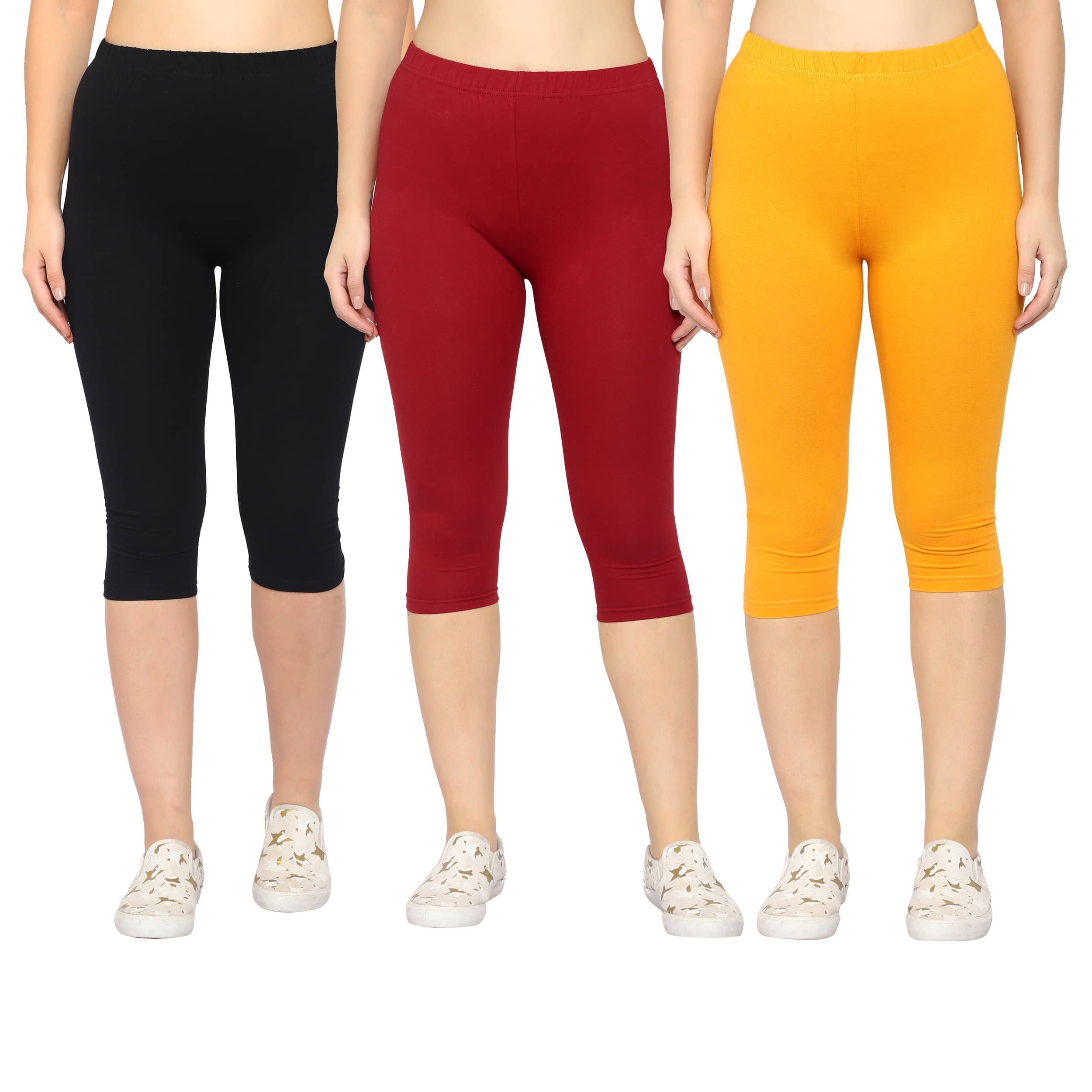     			Diaz Multi Cotton Lycra Solid Capri - Pack of 3