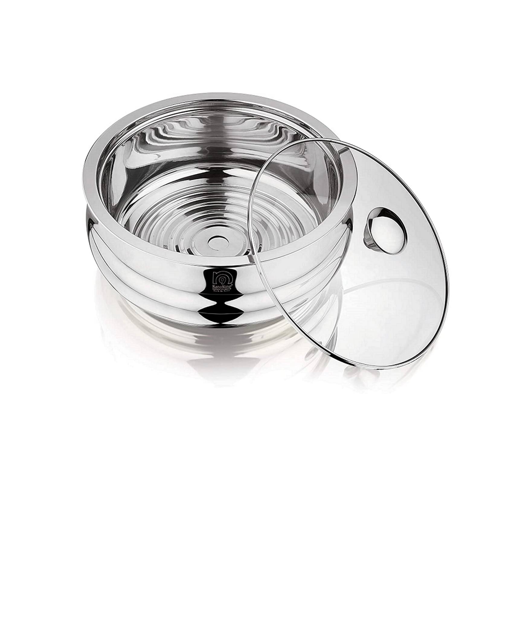 Nanonine Chapati Server Belly Double Wall Insulated Stainless Steel Serve Fresh Casserole With Steel Coaster And Glass Lid, 2.65 L, 1 Pc     			Nanonine Chapati Server Belly Double Wall Insulated Stainless Steel Serve Fresh Casserole With Steel Coaster And Glass Lid, 2.65 L, 1 Pc