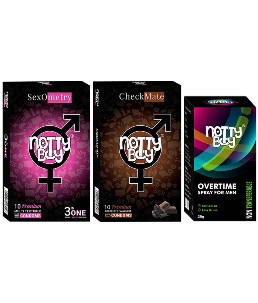 NottyBoy OverTime Non-Transferable Spray 20gm with 3IN1 Ribs, Dots Contour and Chocolate Condoms (Pack of 2, 20Pcs) NottyBoy OverTime Non-Transferable Spray 20gm with 3IN1 Ribs, Dots Contour and Chocolate Condoms (Pack of 2, 20Pcs)