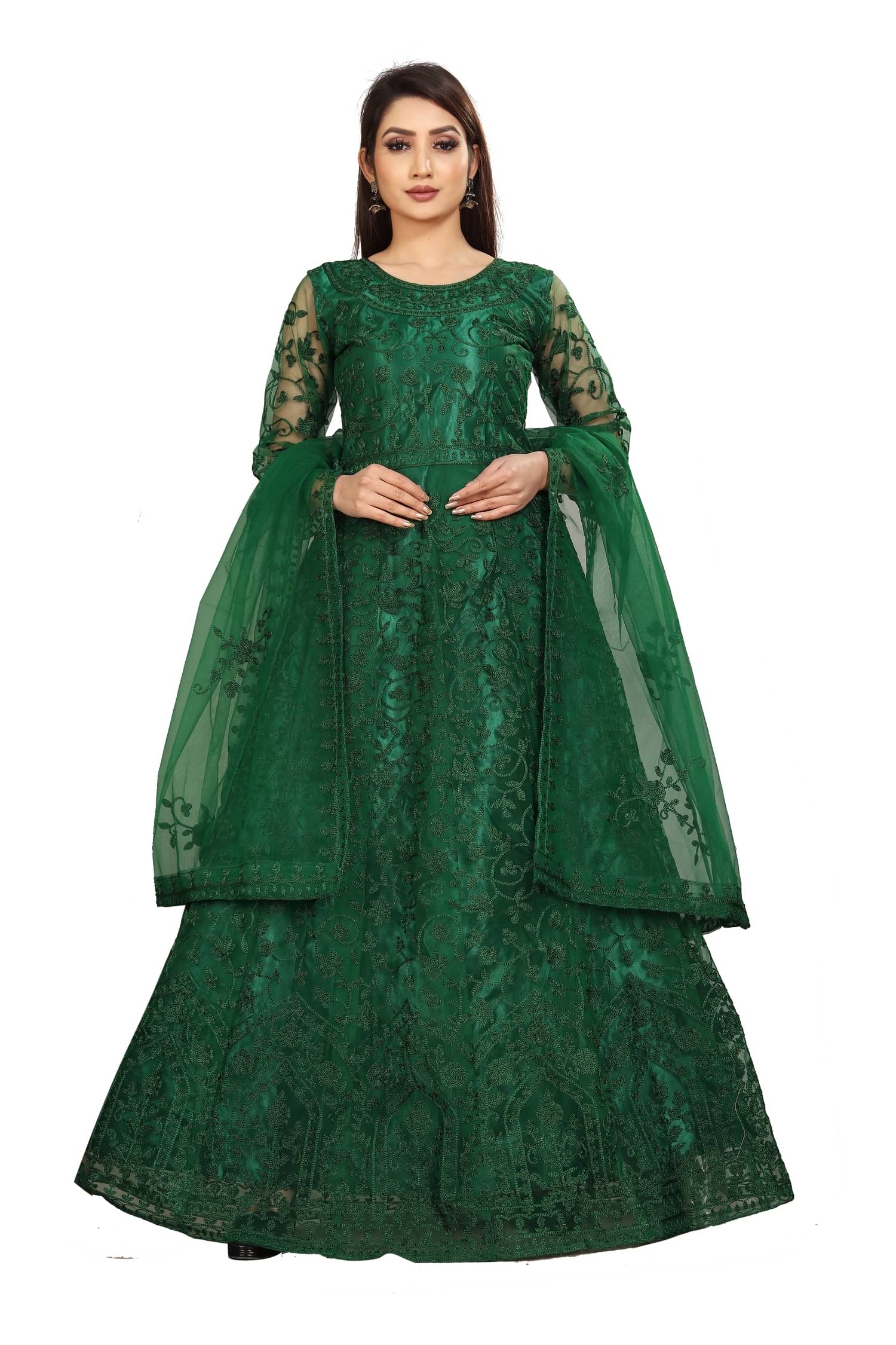 Apnisha - Green Flared Net Women's Stitched Ethnic Gown ( Pack of 1 ) Apnisha - Green Flared Net Women's Stitched Ethnic Gown ( Pack of 1 )