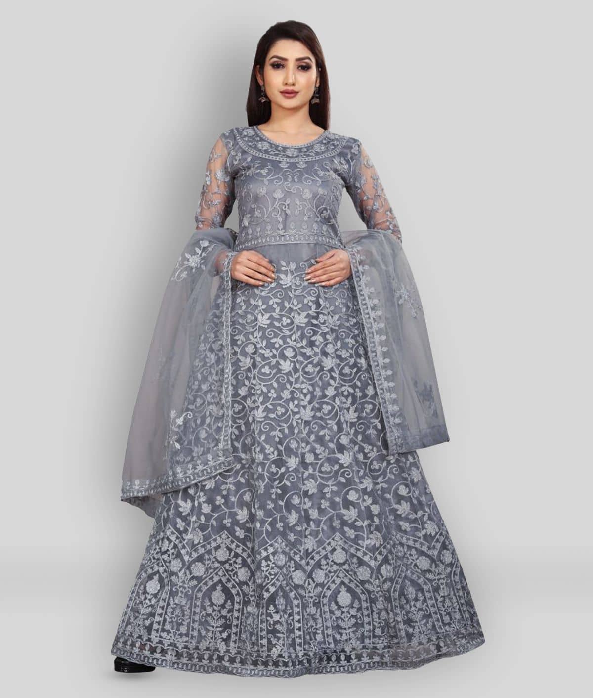 Apnisha - White Flared Net Women's Stitched Ethnic Gown ( Pack of 1 ) - Unstitched Fabrics | Buy online on ZillyBuy