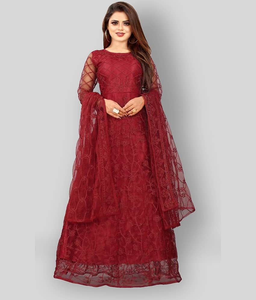 Apnisha - Maroon A-line Net Women's Stitched Ethnic Gown ( Pack of 1 ) - Unstitched Fabrics | Buy online on ZillyBuy