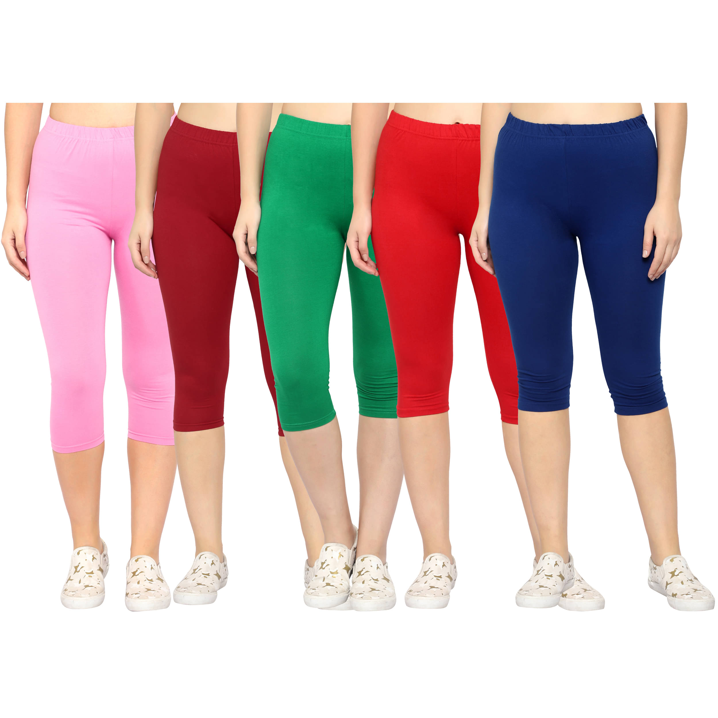     			Diaz Multi Cotton Lycra Solid Capri - Pack of 5