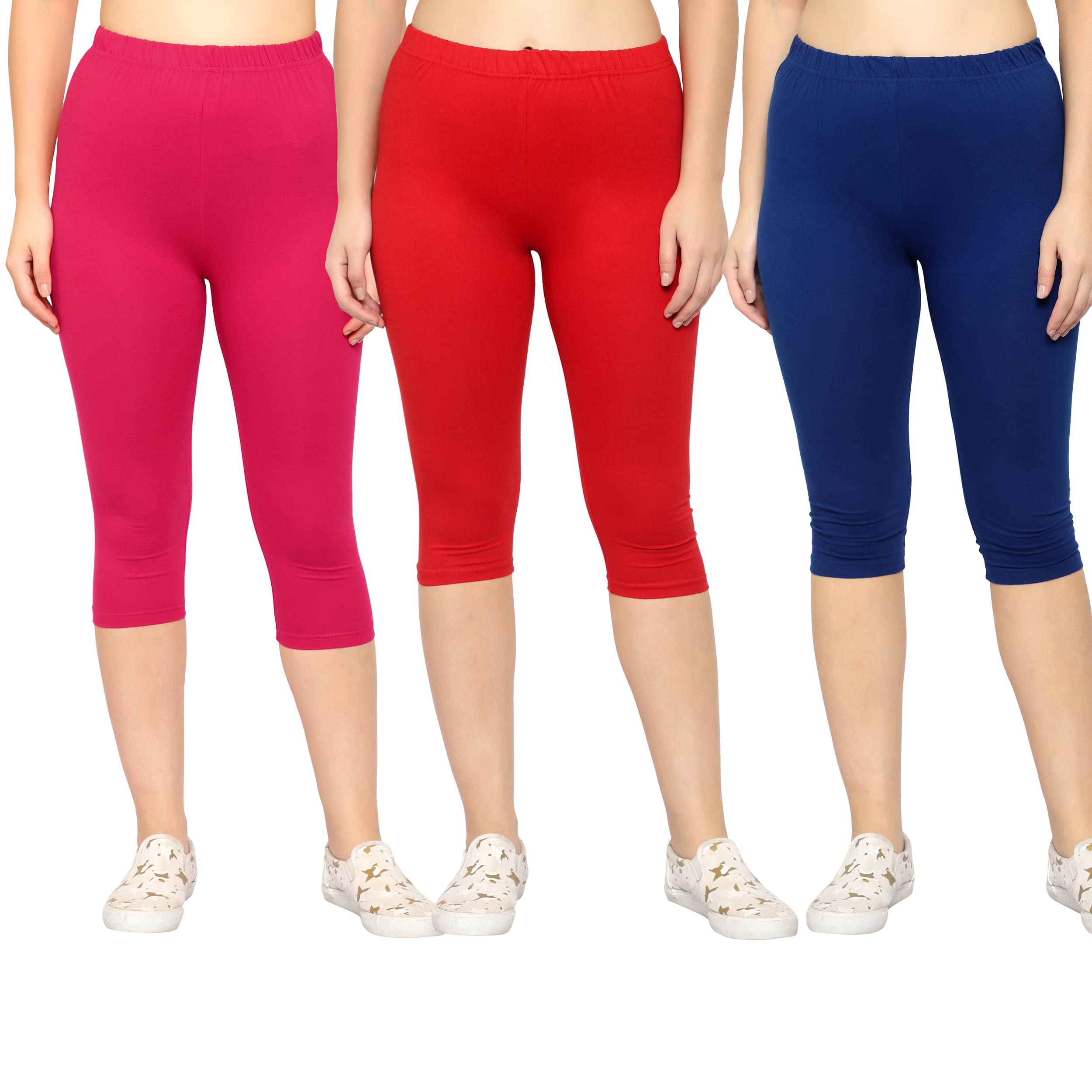     			Diaz Multi Cotton Lycra Solid Capri - Pack of 3