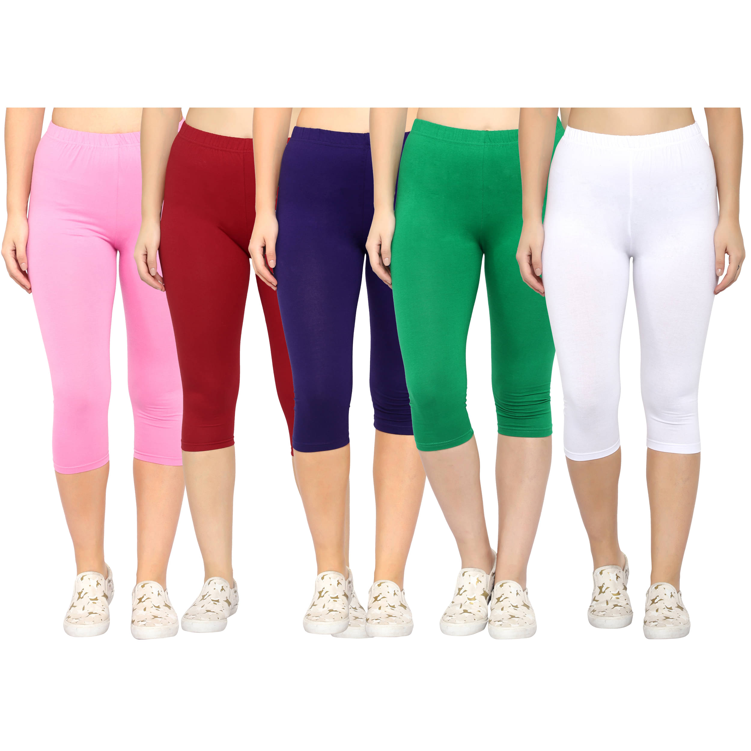     			Diaz Multi Cotton Lycra Solid Capri - Pack of 5