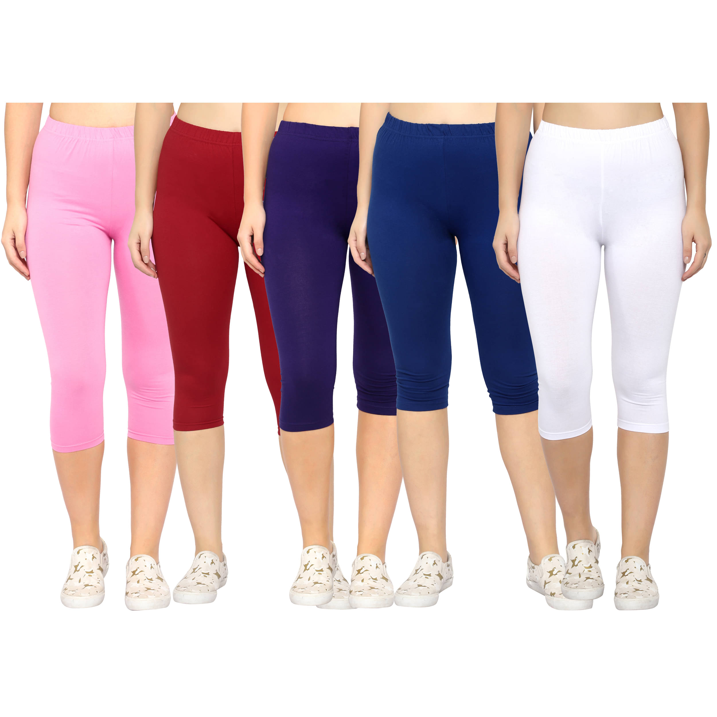     			Diaz Multi Cotton Lycra Solid Capri - Pack of 5
