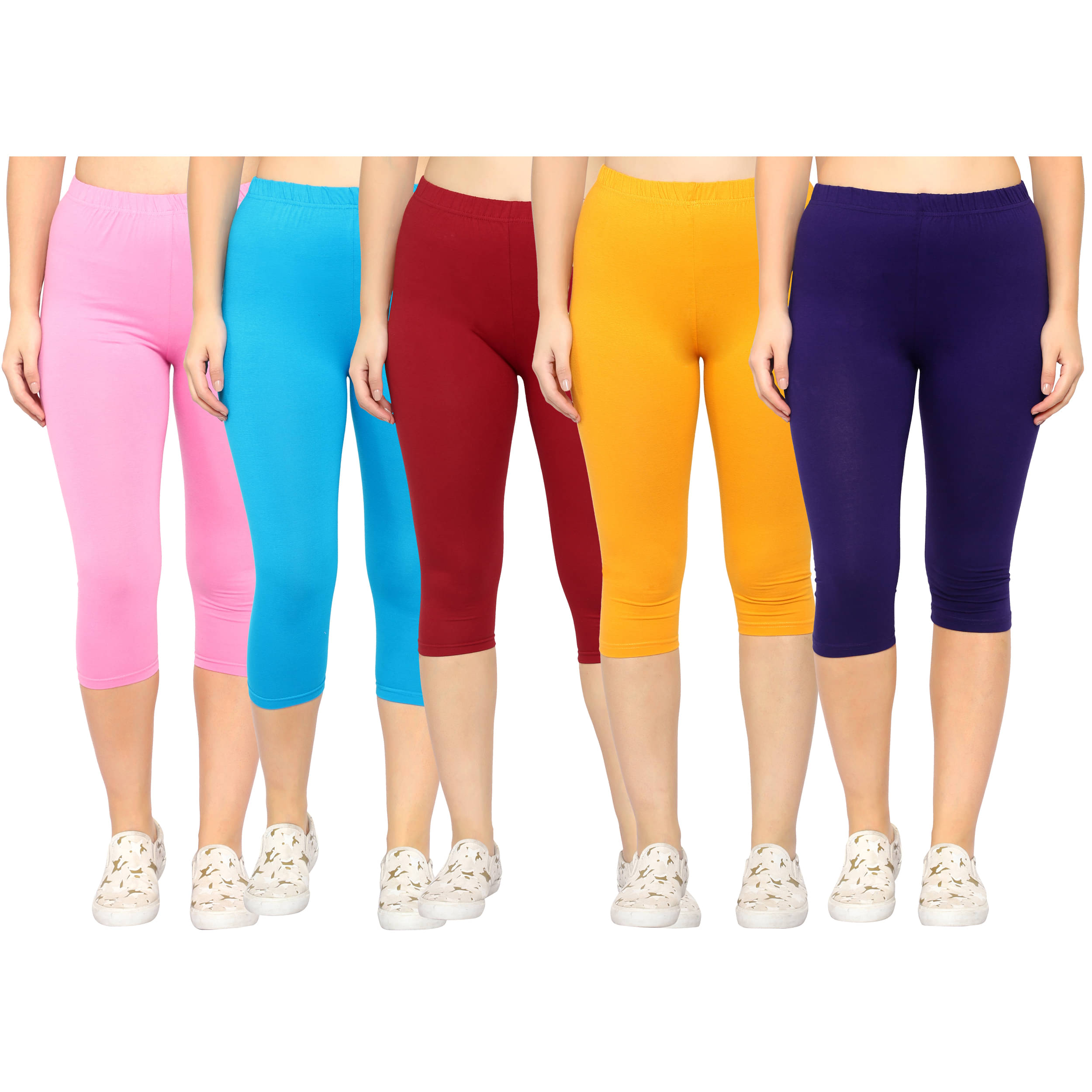 Diaz Multi Cotton Lycra Solid Capri - Pack of 5     			Diaz Multi Cotton Lycra Solid Capri - Pack of 5