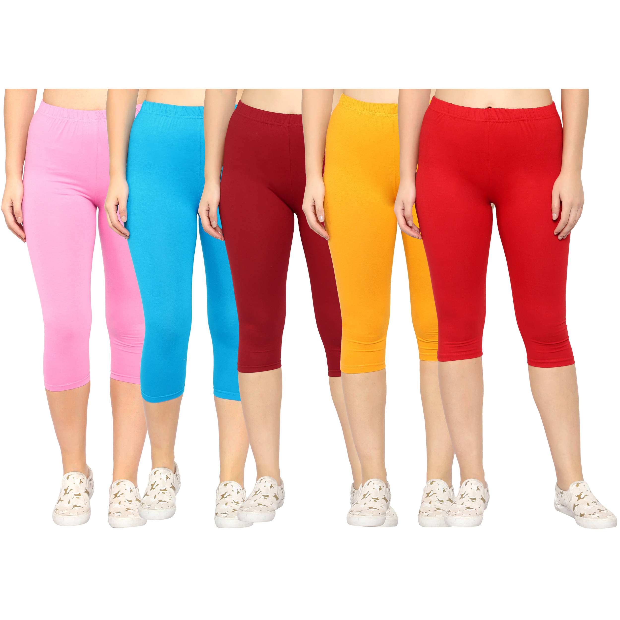     			Diaz Multi Cotton Lycra Solid Capri - Pack of 5