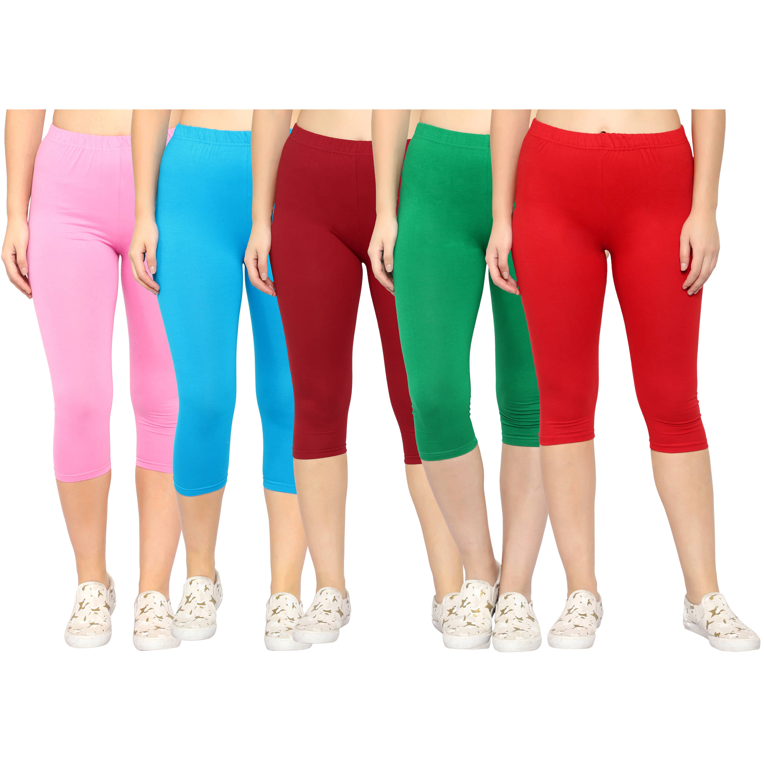     			Diaz Multi Cotton Lycra Solid Capri - Pack of 5