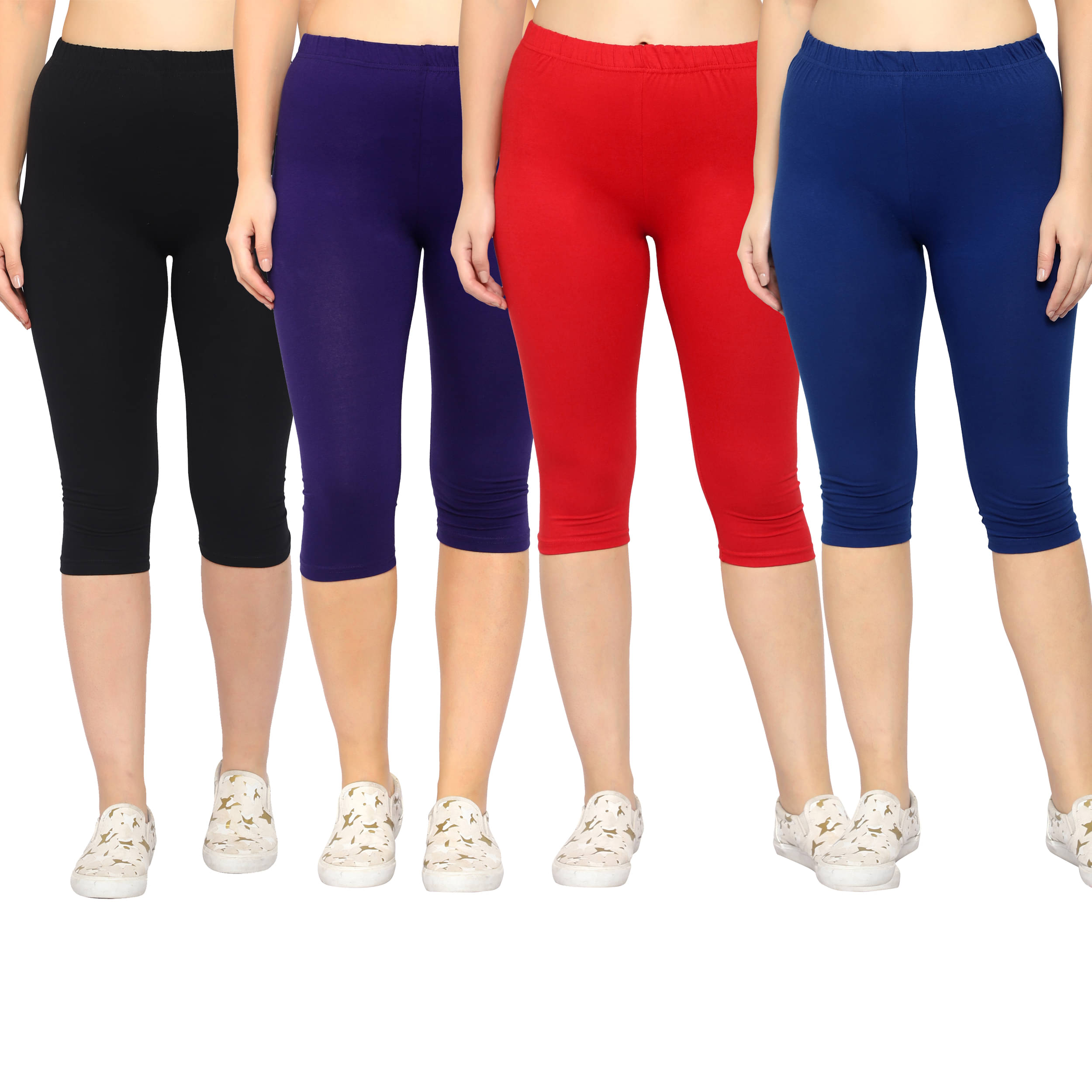 Diaz Multi Cotton Lycra Solid Capri - Pack of 4     			Diaz Multi Cotton Lycra Solid Capri - Pack of 4
