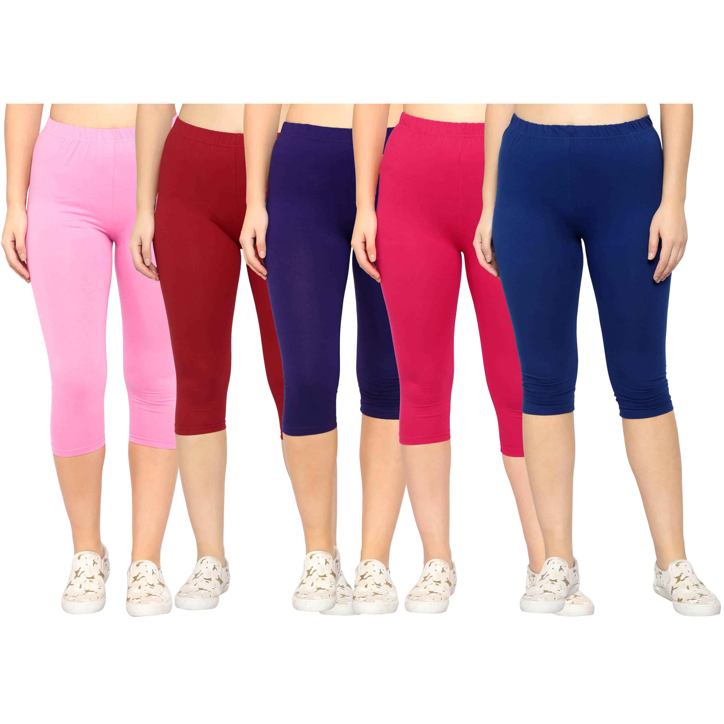     			Diaz Multi Cotton Lycra Solid Capri - Pack of 5