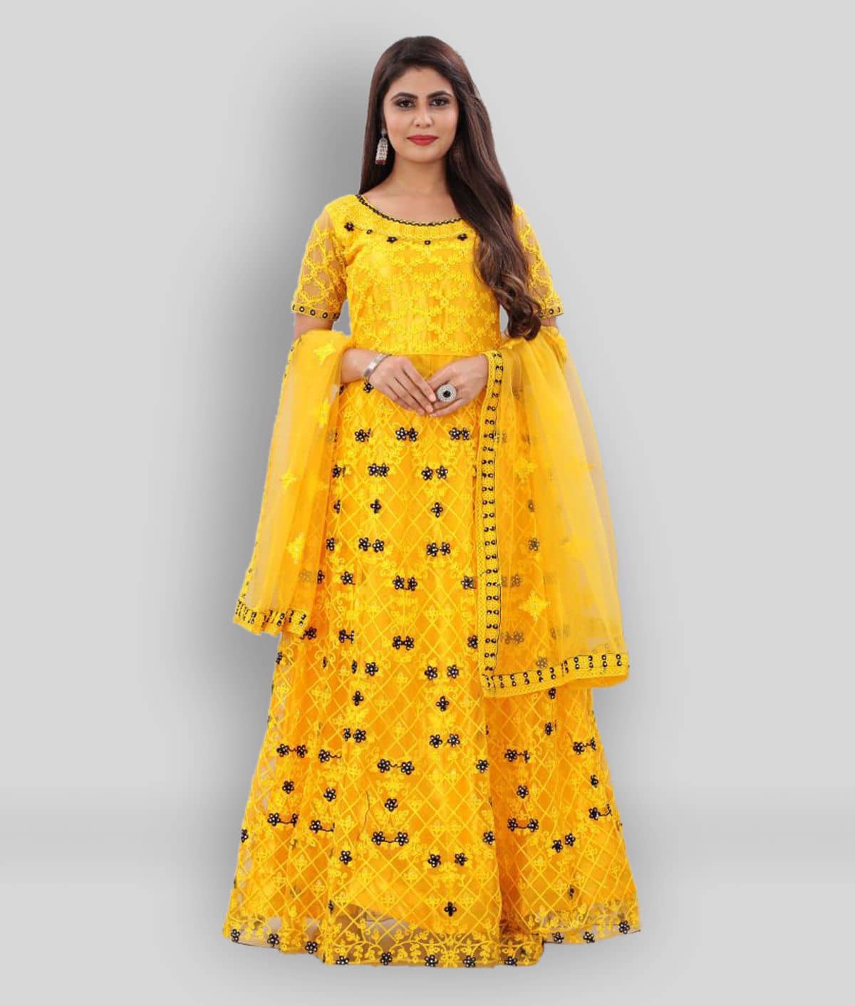 JULEE - Yellow Anarkali Net Women's Stitched Ethnic Gown ( Pack of 1 ) - Unstitched Fabrics | Buy online on ZillyBuy