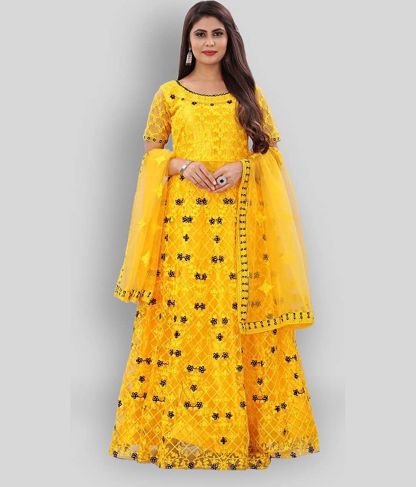 JULEE - Yellow Anarkali Net Women's Stitched Ethnic Gown ( Pack of 1 ) - Unstitched Fabrics | Buy online on ZillyBuy