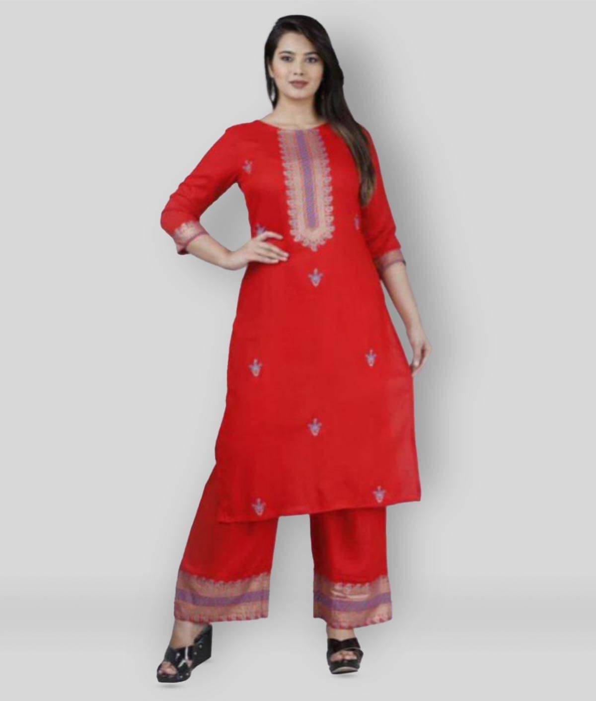 MAUKA - Red Straight Rayon Women's Stitched Salwar Suit ( Pack of 1 ) MAUKA - Red Straight Rayon Women's Stitched Salwar Suit ( Pack of 1 )