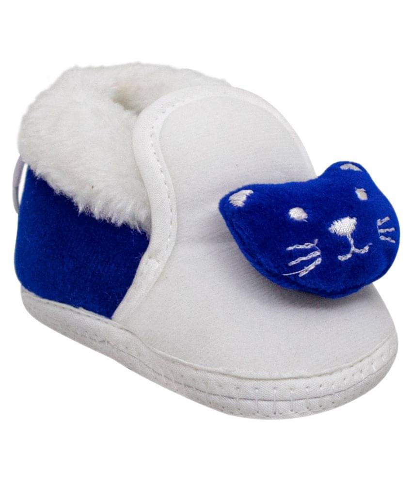     			Neska Moda 6 to 12 Months Baby Boys & Girls Cat Face Velvet Booties/Shoes (Blue,White) -BT804