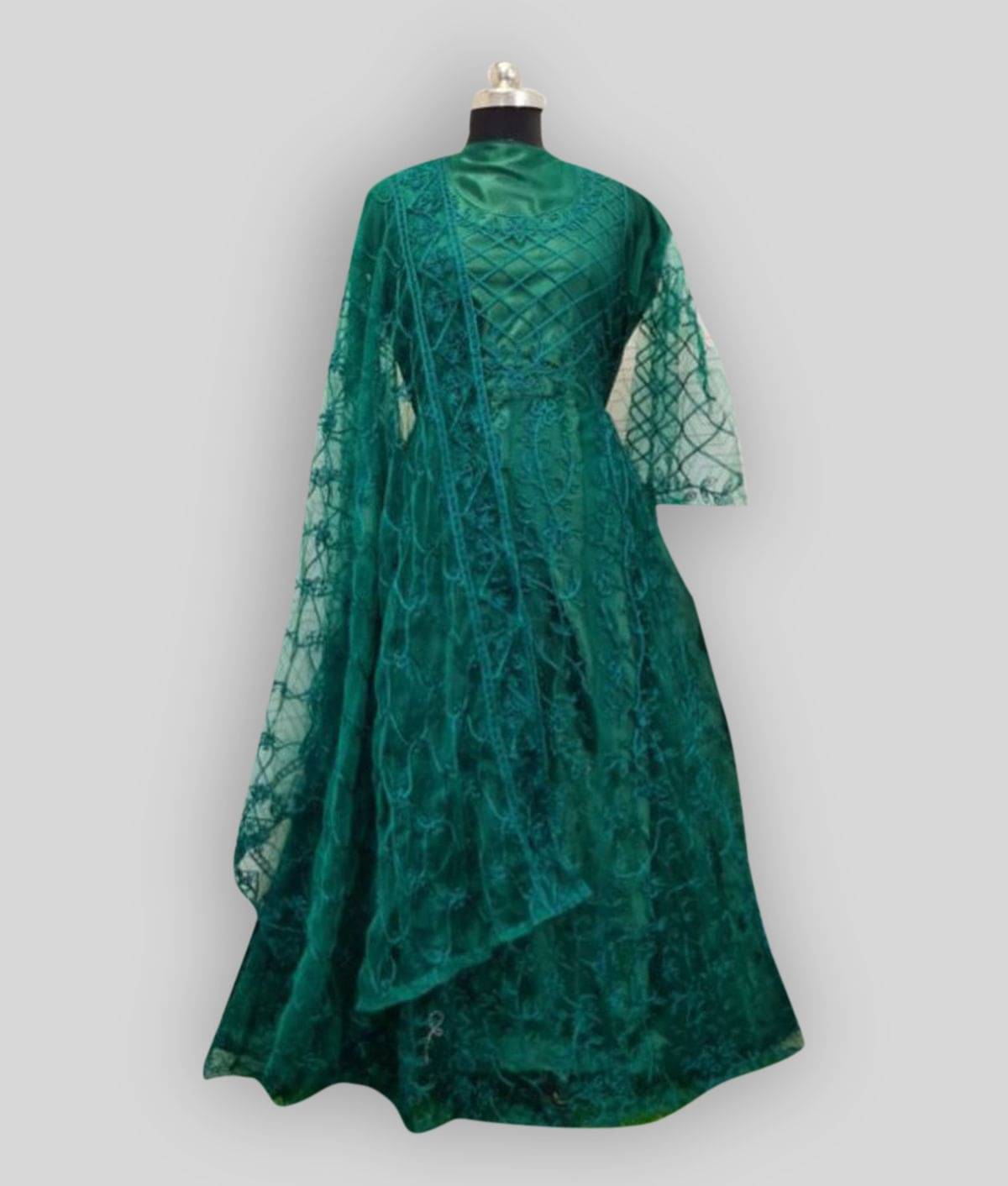 Apnisha Women Net Anarkali Semi Stitched Ethnic Gown ( Green ) Apnisha Women Net Anarkali Semi Stitched Ethnic Gown ( Green )