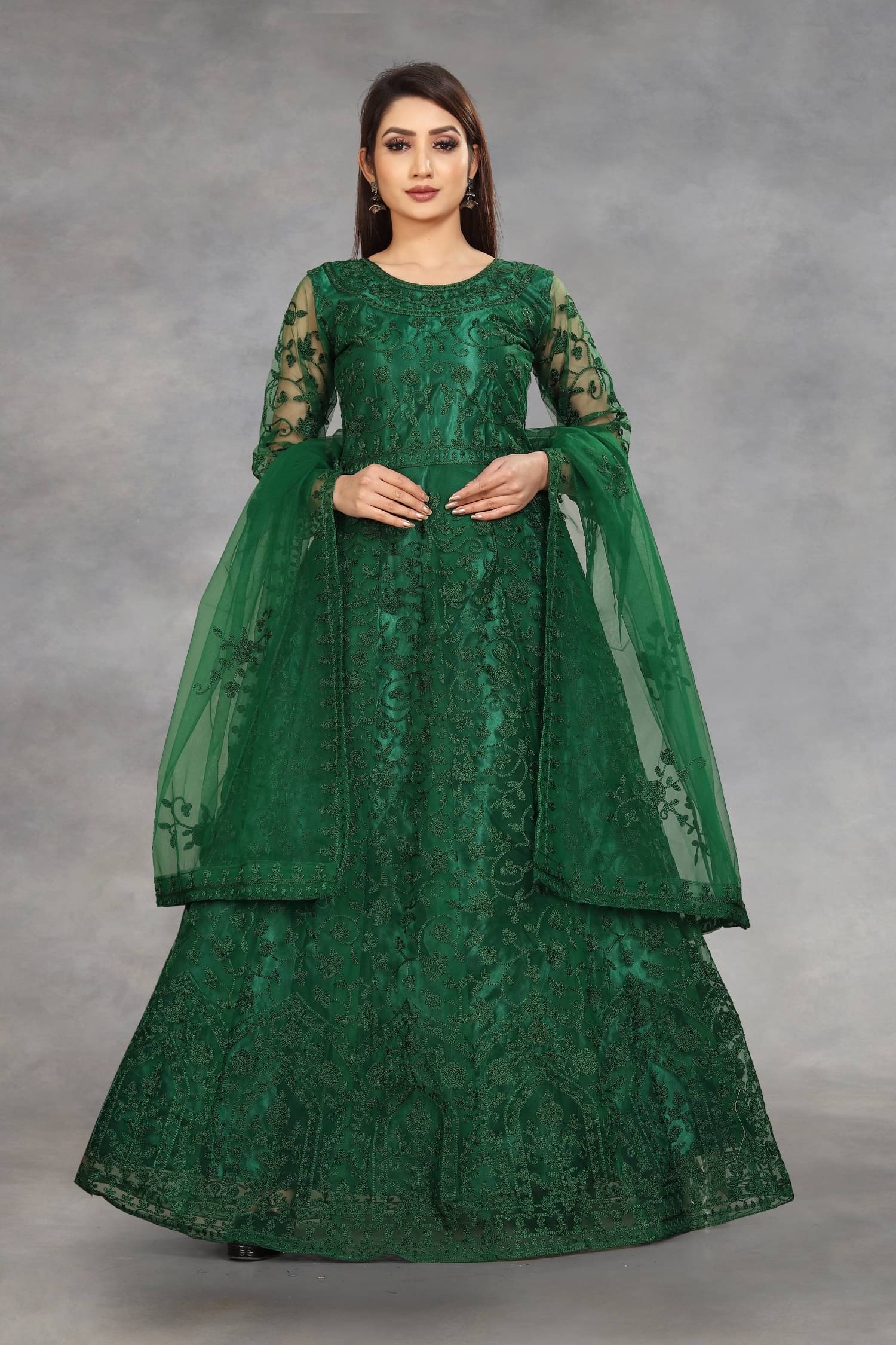 Apnisha - Green A-line Net Women's Stitched Ethnic Gown ( Pack of 1 ) Apnisha - Green A-line Net Women's Stitched Ethnic Gown ( Pack of 1 )