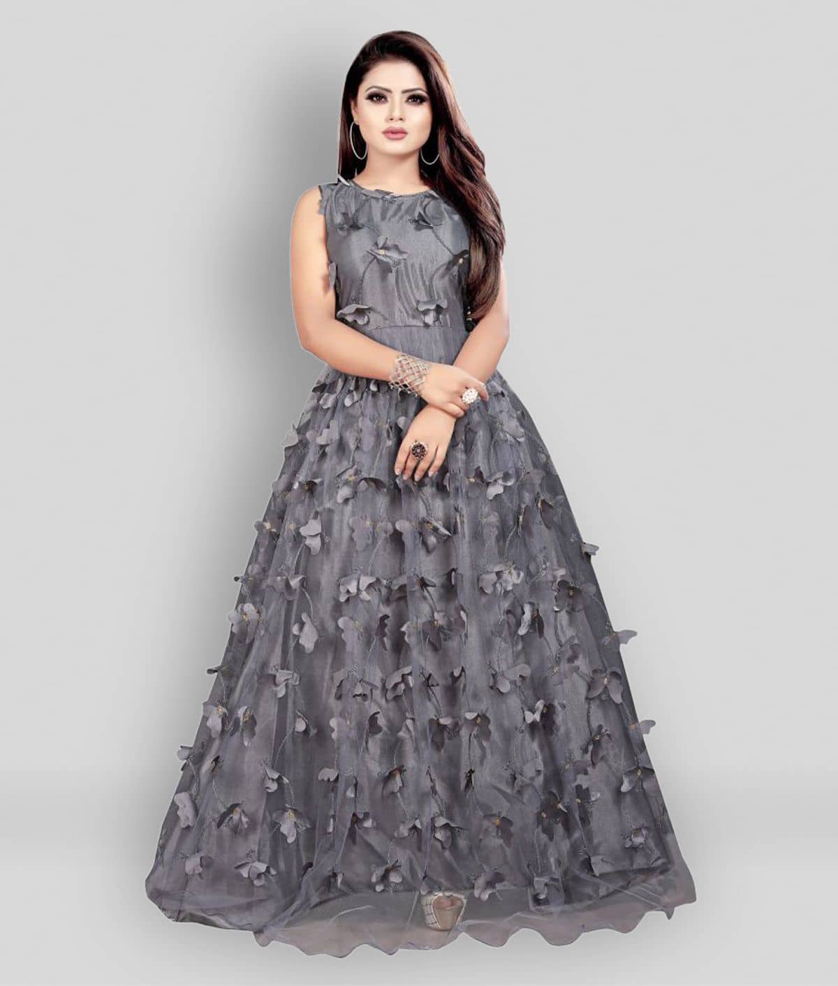Apnisha - White Flared Net Women's Stitched Ethnic Gown ( Pack of 1 ) - Unstitched Fabrics | Buy online on ZillyBuy
