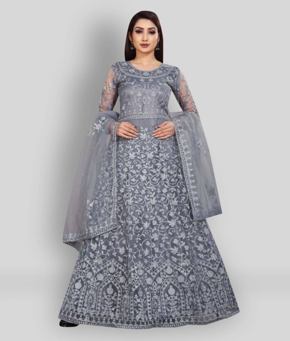     			Apnisha - Dark Grey A-line Net Women's Stitched Ethnic Gown ( Pack of 1 )