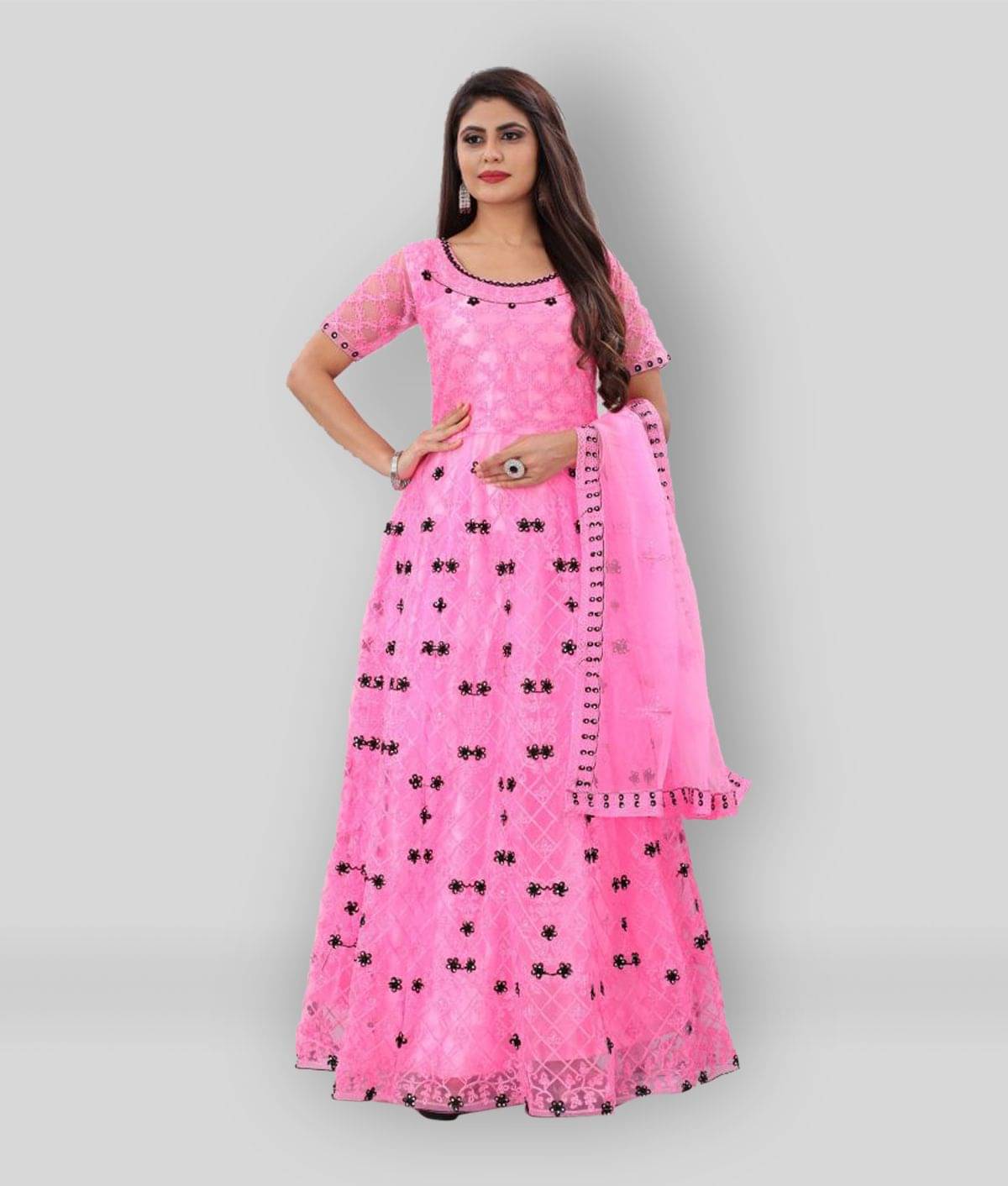 Apnisha - Pink A-line Net Women's Stitched Ethnic Gown ( Pack of 1 ) Apnisha - Pink A-line Net Women's Stitched Ethnic Gown ( Pack of 1 )
