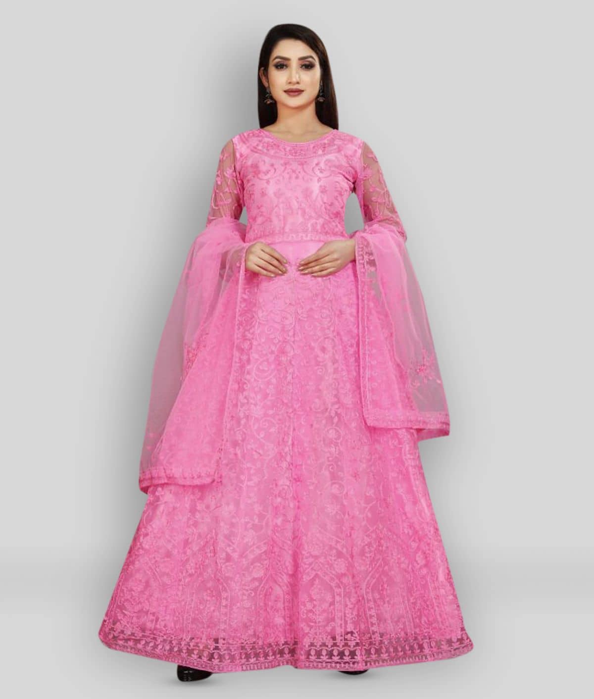 Apnisha - Pink A-line Net Women's Stitched Ethnic Gown ( Pack of 1 ) - Unstitched Fabrics | Buy online on ZillyBuy