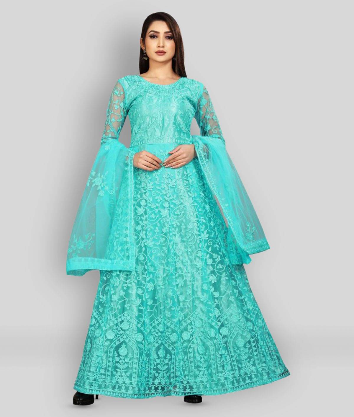 Apnisha - Turquoise A-line Net Women's Stitched Ethnic Gown ( Pack of 1 )     			Apnisha - Turquoise A-line Net Women's Stitched Ethnic Gown ( Pack of 1 )