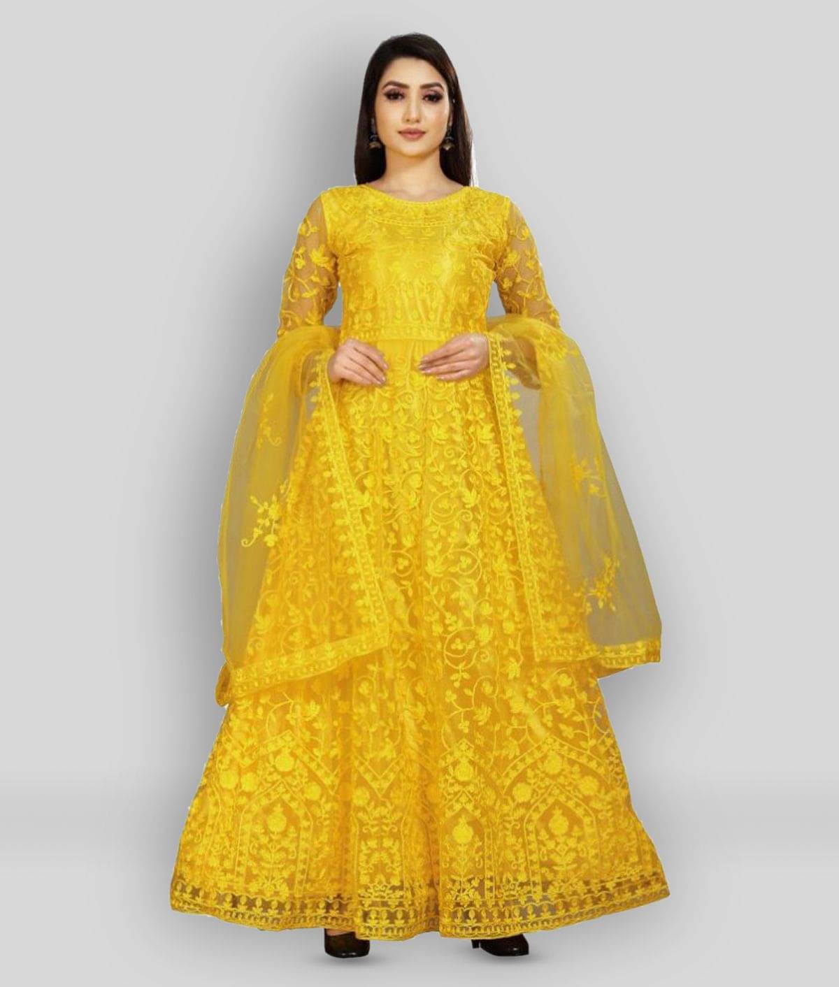 Apnisha - Yellow Flared Net Women's Stitched Ethnic Gown ( Pack of 1 ) Apnisha - Yellow Flared Net Women's Stitched Ethnic Gown ( Pack of 1 )