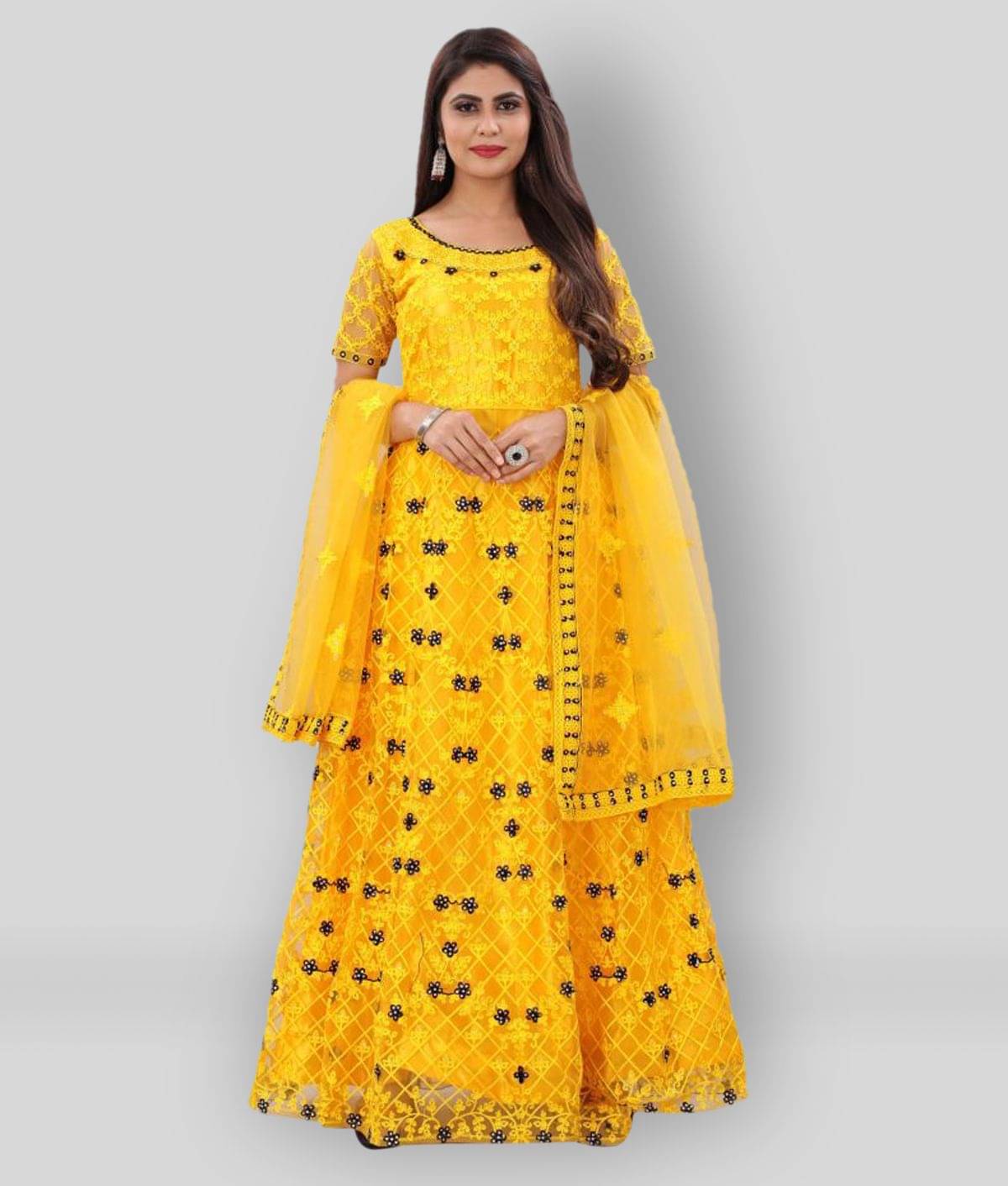 Apnisha - Yellow A-line Net Women's Stitched Ethnic Gown ( Pack of 1 ) Apnisha - Yellow A-line Net Women's Stitched Ethnic Gown ( Pack of 1 )