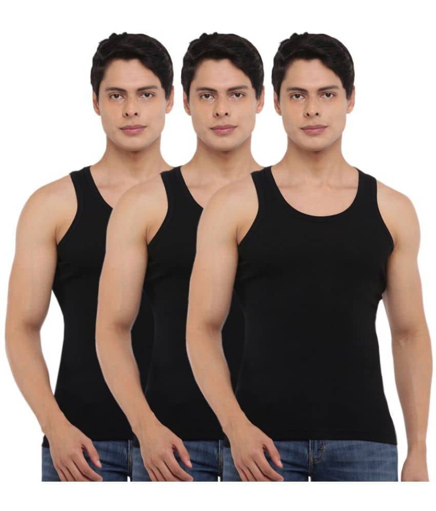 Dollar Bigboss Men's Black Pack of 3 Solid Combed Cotton Vest - Nightwear & Loungewear | Buy online on ZillyBuy
