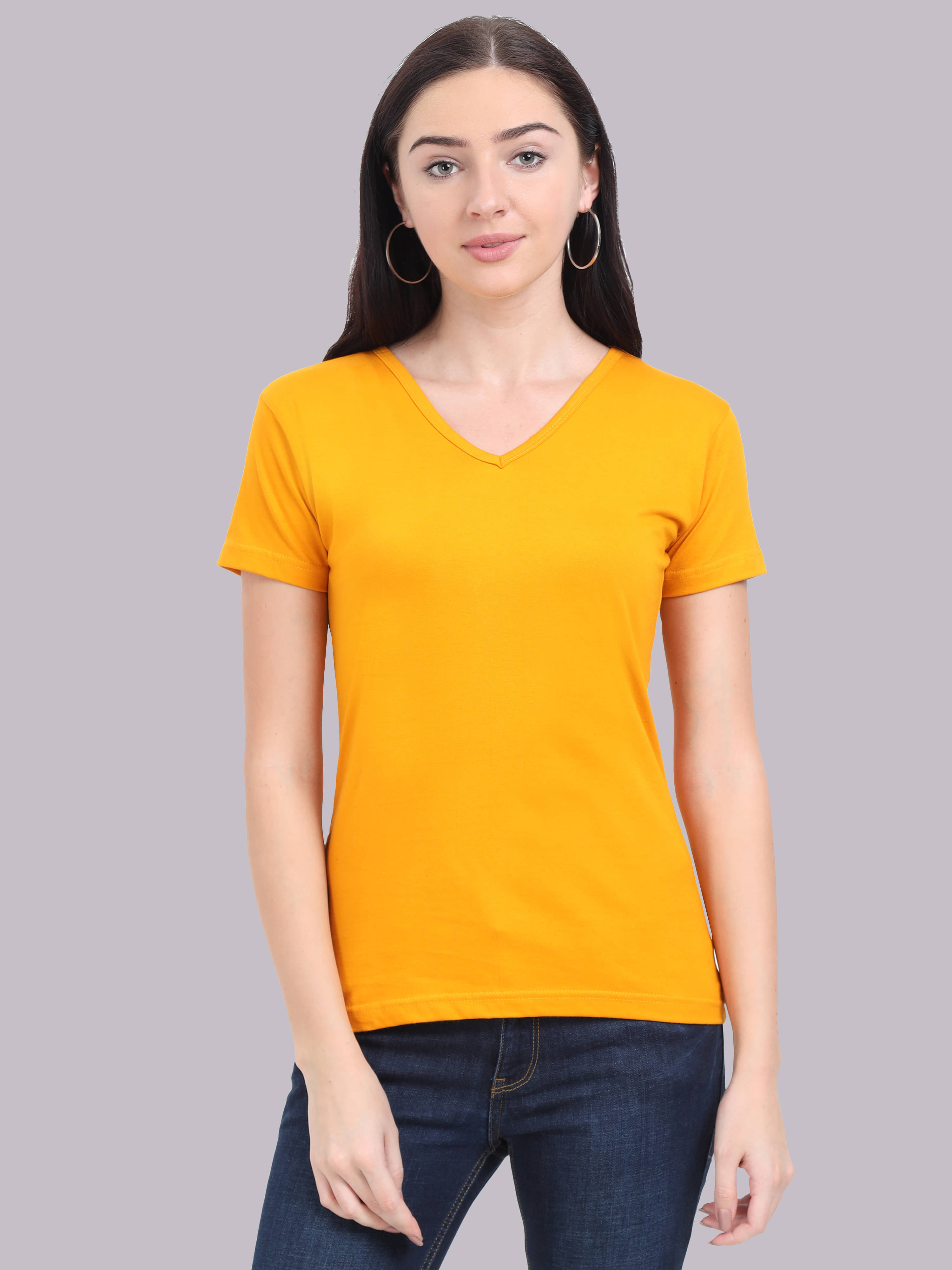 FLEXIMAA Women Cotton Solid Regular Fit V-Neck T-Shirt ( Mustard ) FLEXIMAA Women Cotton Solid Regular Fit V-Neck T-Shirt ( Mustard )