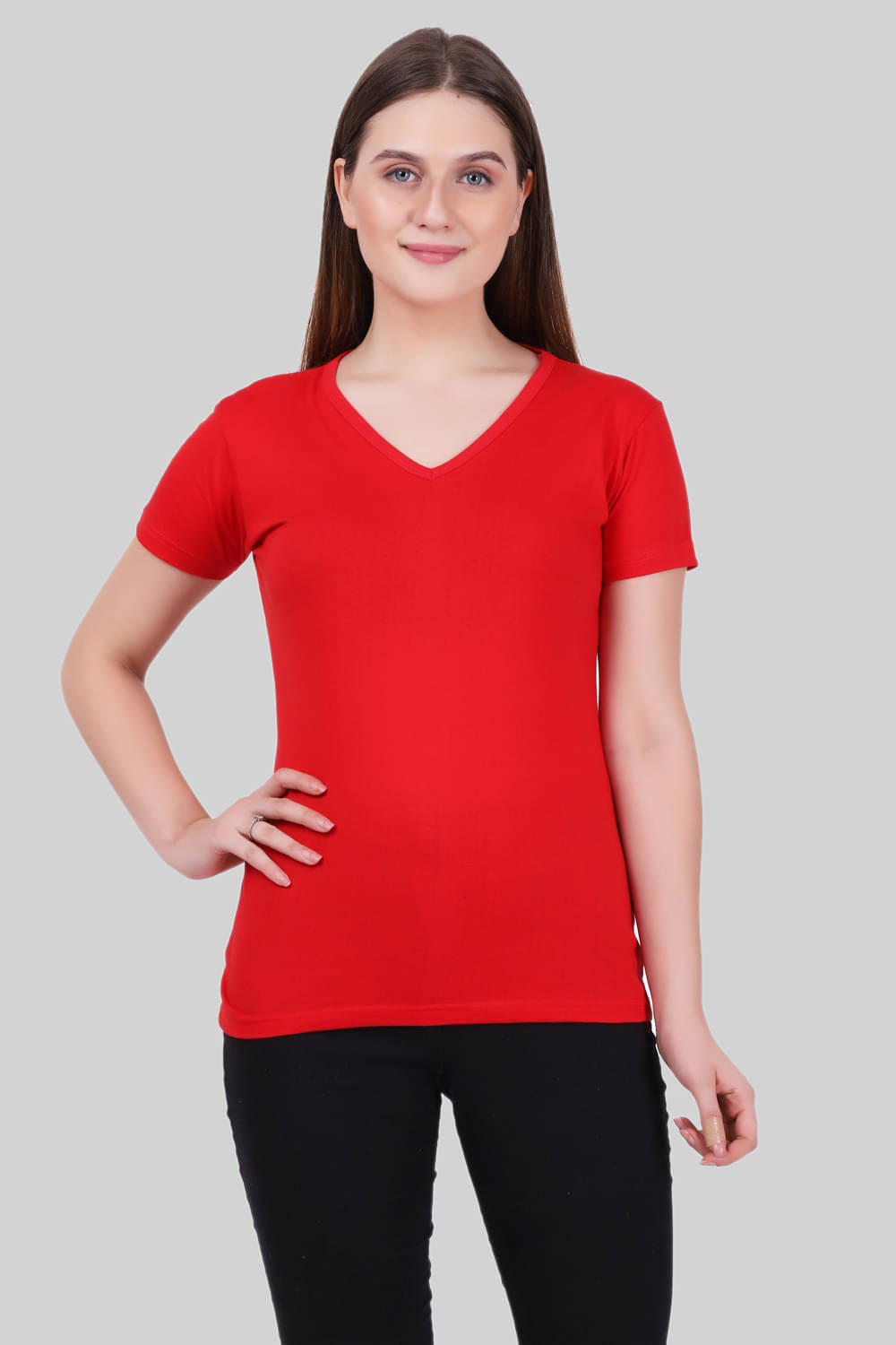     			FLEXIMAA Women Cotton Solid Regular Fit V-Neck T-Shirt ( Red )