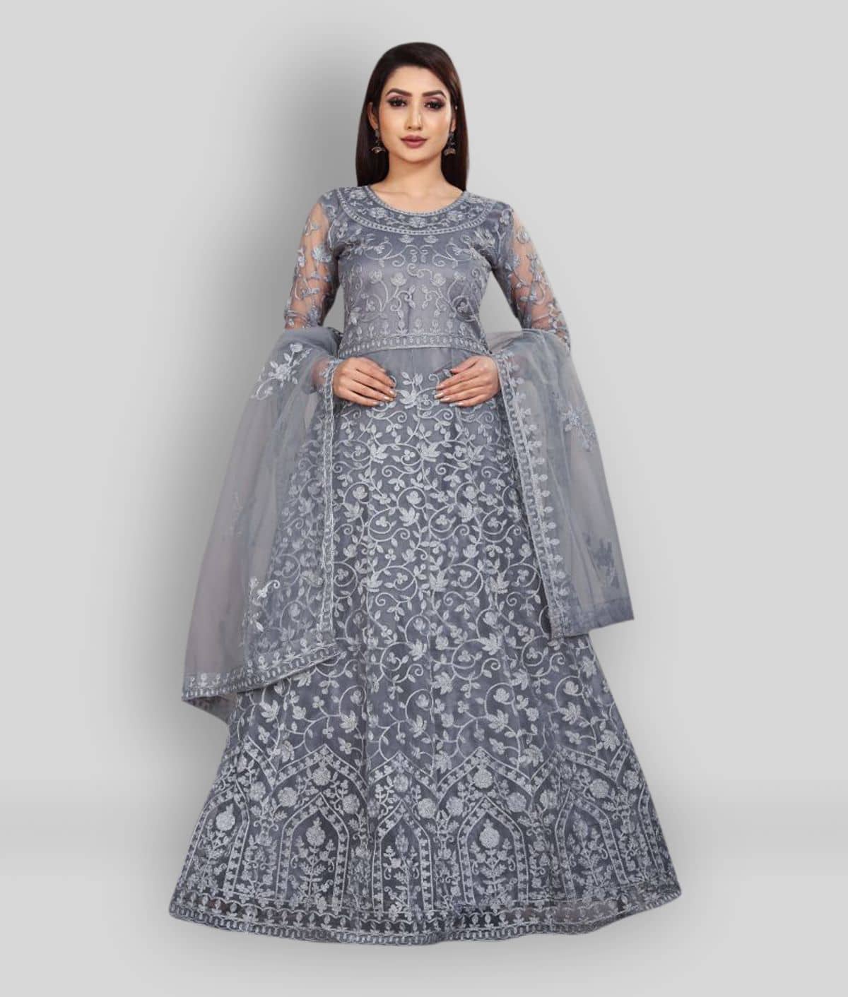 JULEE - Grey Flared Net Women's Stitched Ethnic Gown ( Pack of 1 ) - Unstitched Fabrics | Buy online on ZillyBuy