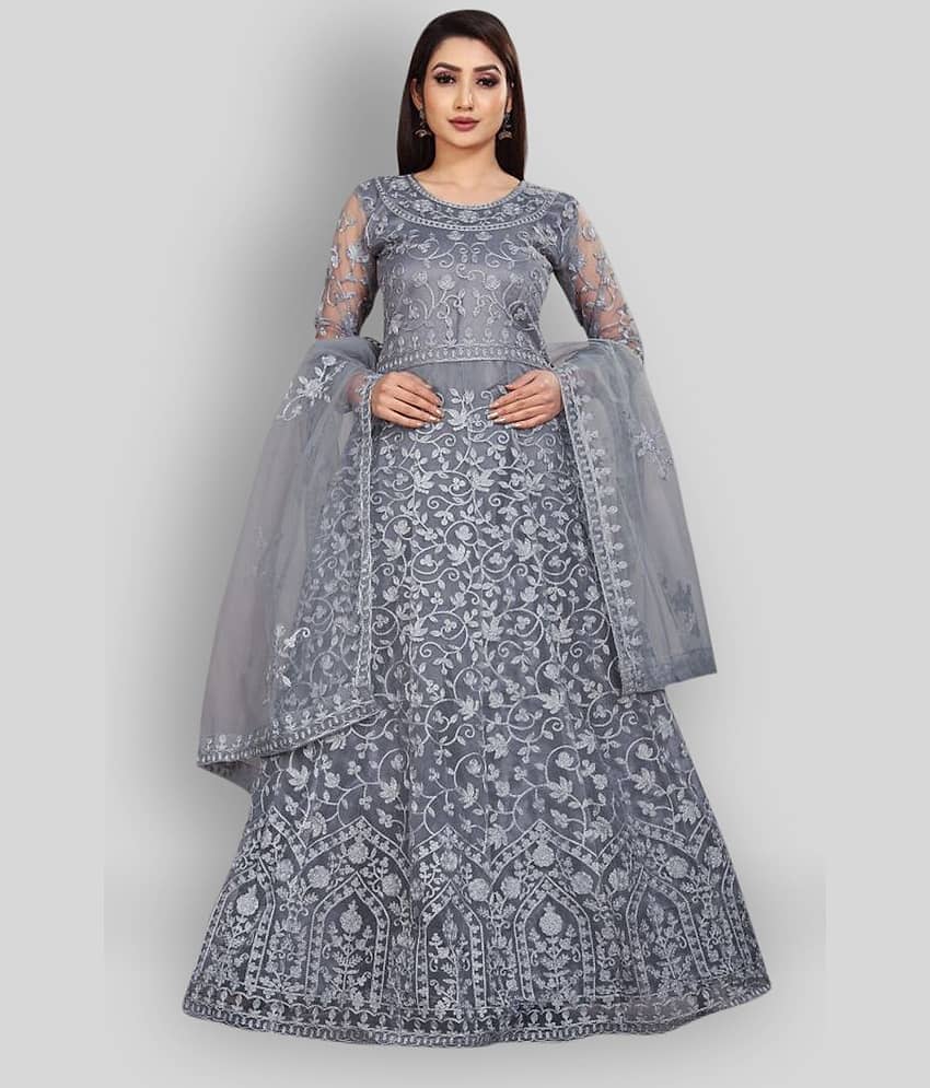 JULEE - Grey Flared Net Women's Stitched Ethnic Gown ( Pack of 1 ) - Unstitched Fabrics | Buy online on ZillyBuy