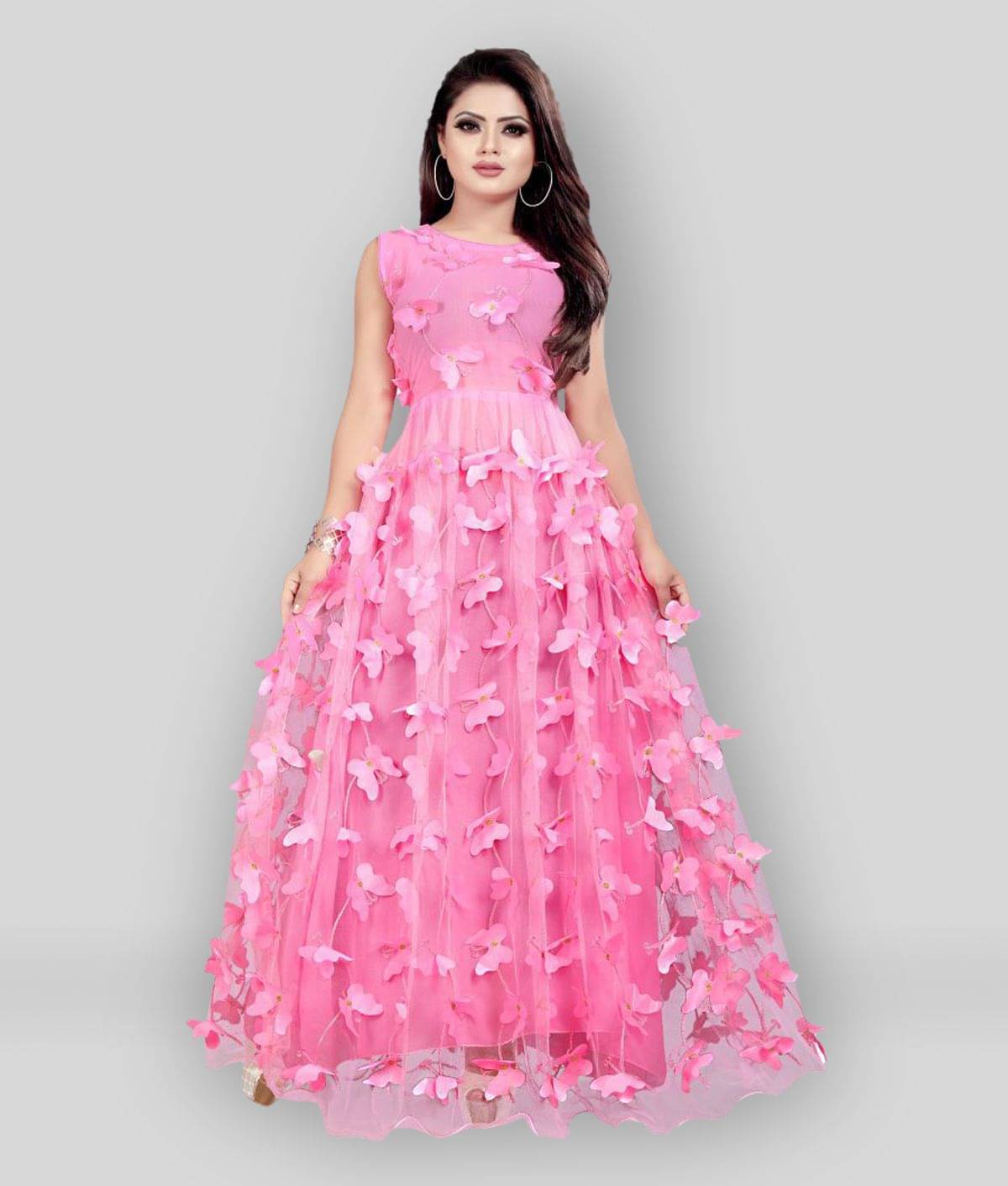     			JULEE - Pink Flared Net Women's Stitched Ethnic Gown ( Pack of 1 )
