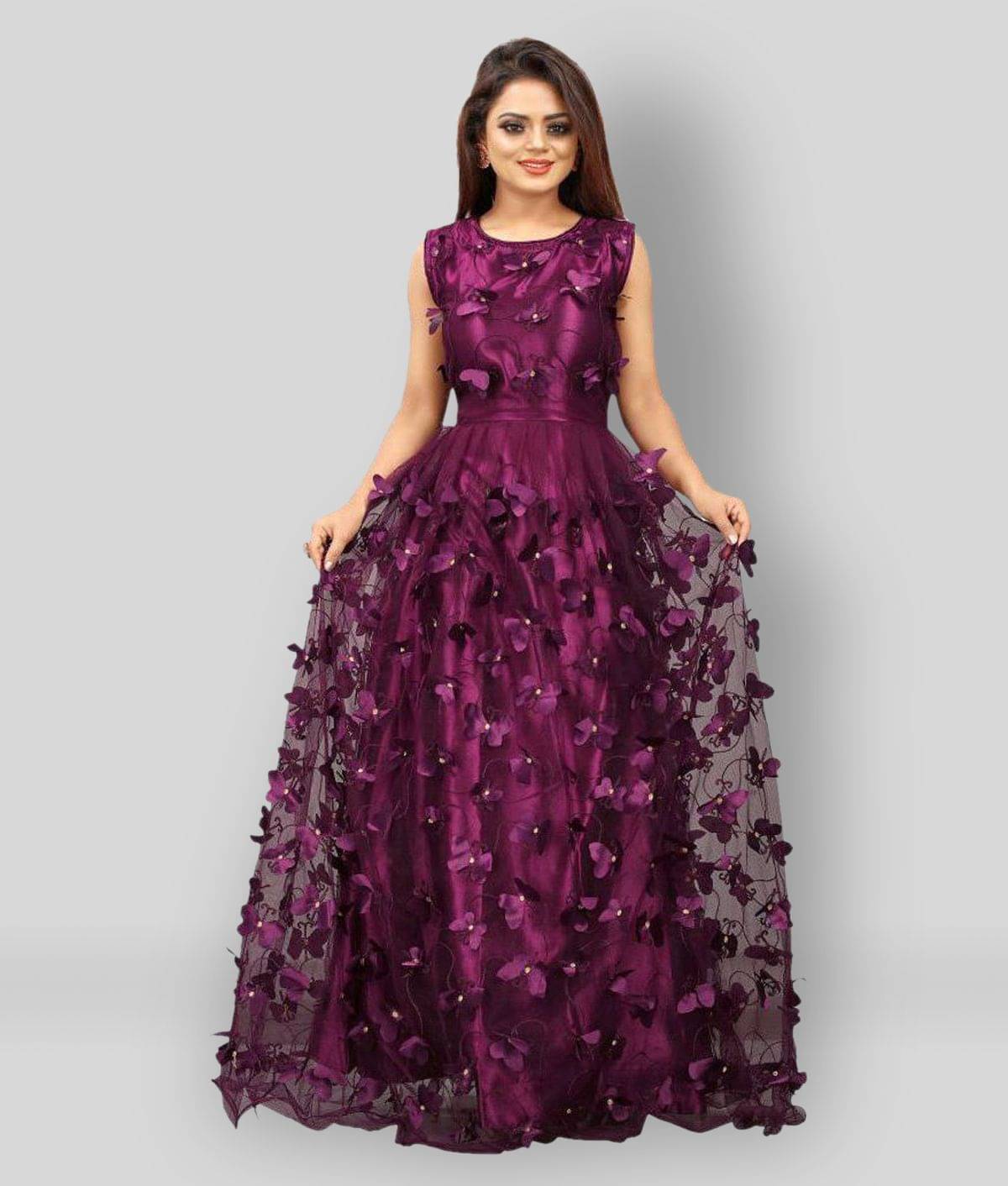 JULEE - Purple Flared Net Women's Stitched Ethnic Gown ( Pack of 1 ) JULEE - Purple Flared Net Women's Stitched Ethnic Gown ( Pack of 1 )